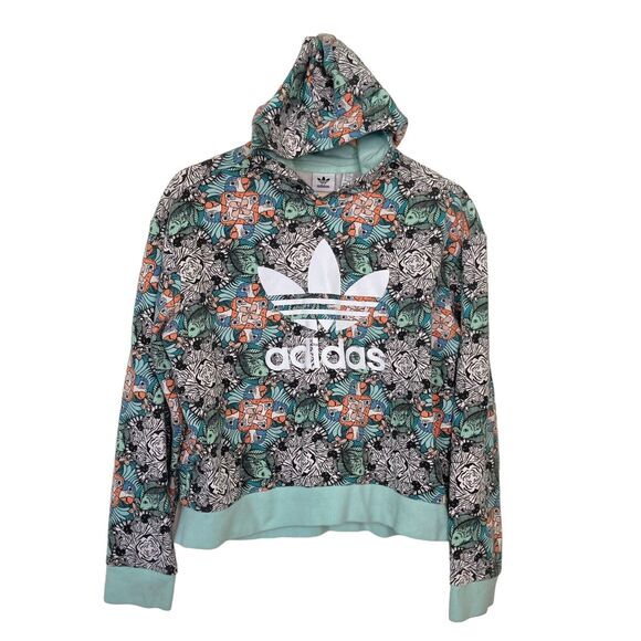 Adidas Youth Turquoise Zoo Print Logo Pullover Hoodie Sweatshirt Size XL Girls - Picture 1 of 12